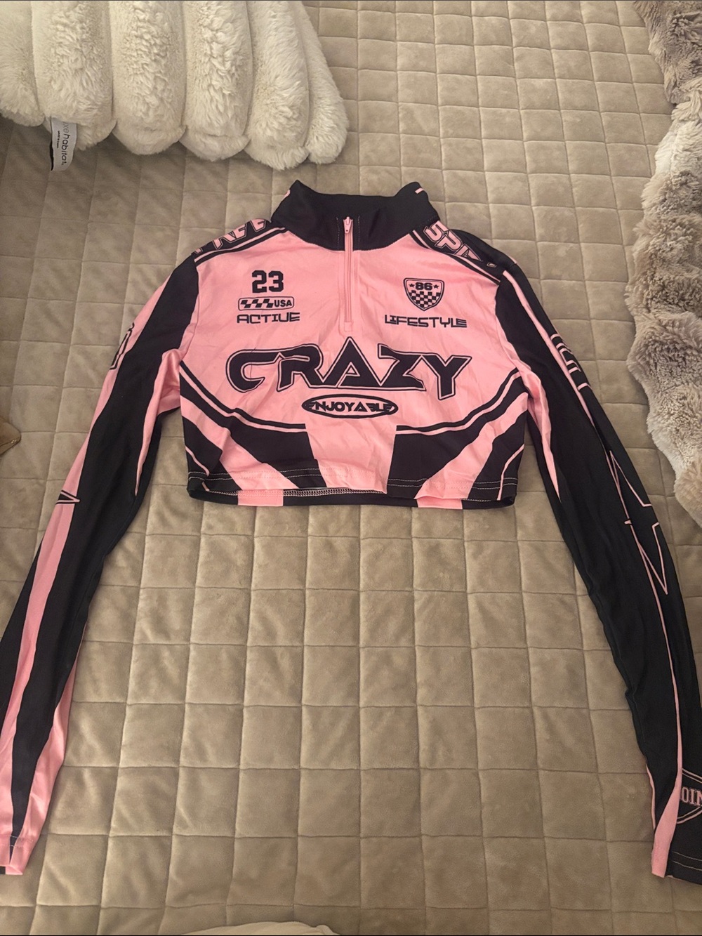 Crazy 8 Pink & Black Graphic Zip Crop Top